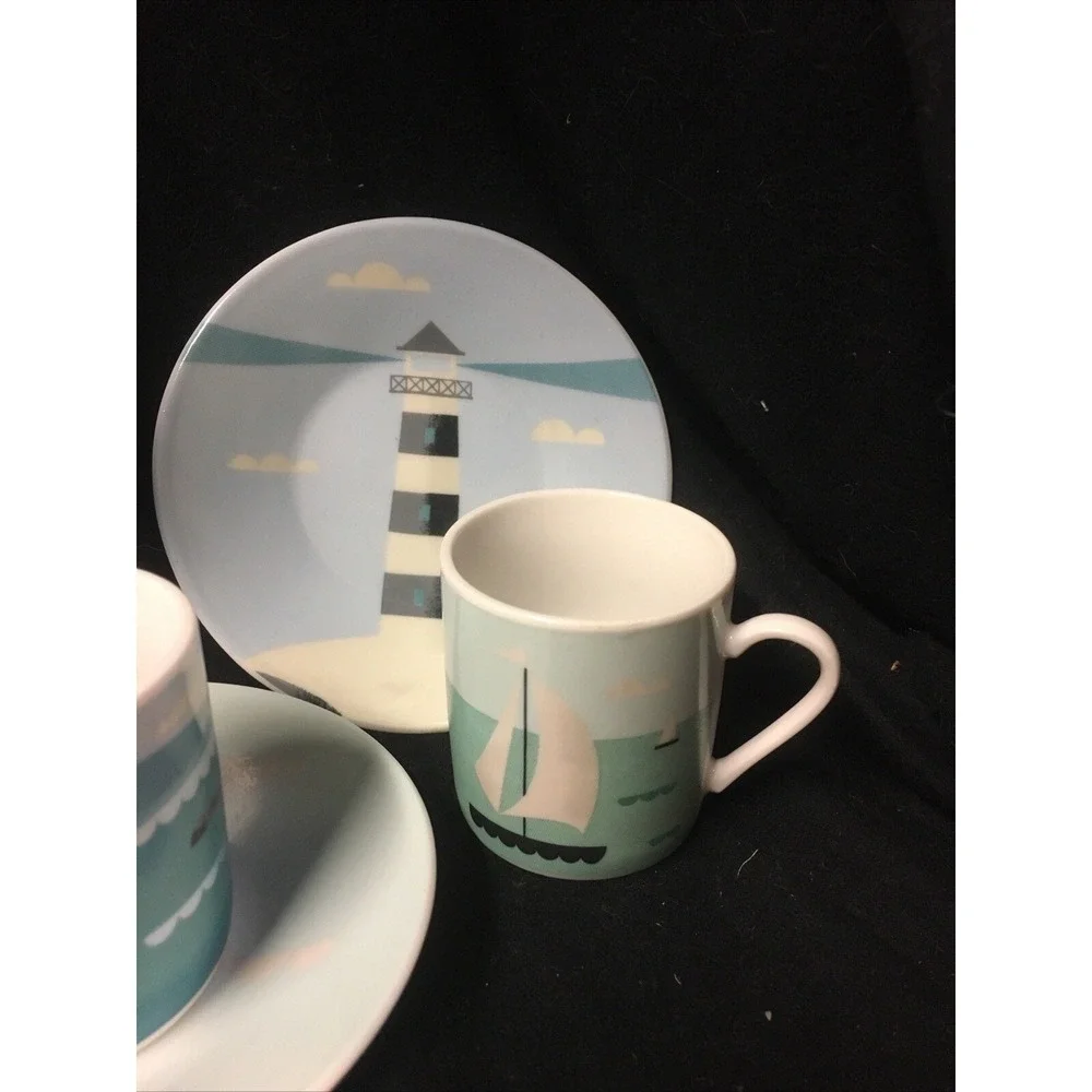 MAGPIE AHOY DESIGN, SET OF FOUR ESPRESSO NAUTICAL CUPS AND SAUCERS Teal